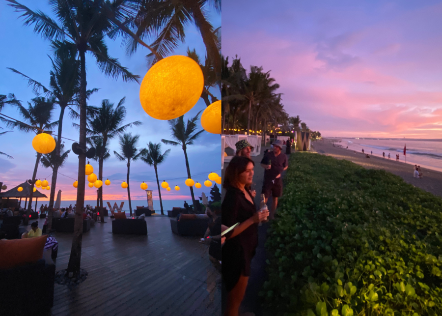 Beachfront sunset at WooBar at W Hotel in Seminyak, Bali, Indonesia