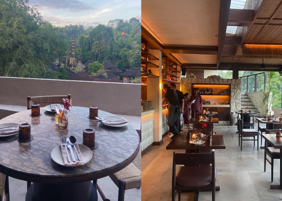 View over Campuhan ridge walk from the open-air dining area at Nari - a restaurant in Ubud, Bali, best for dinner
