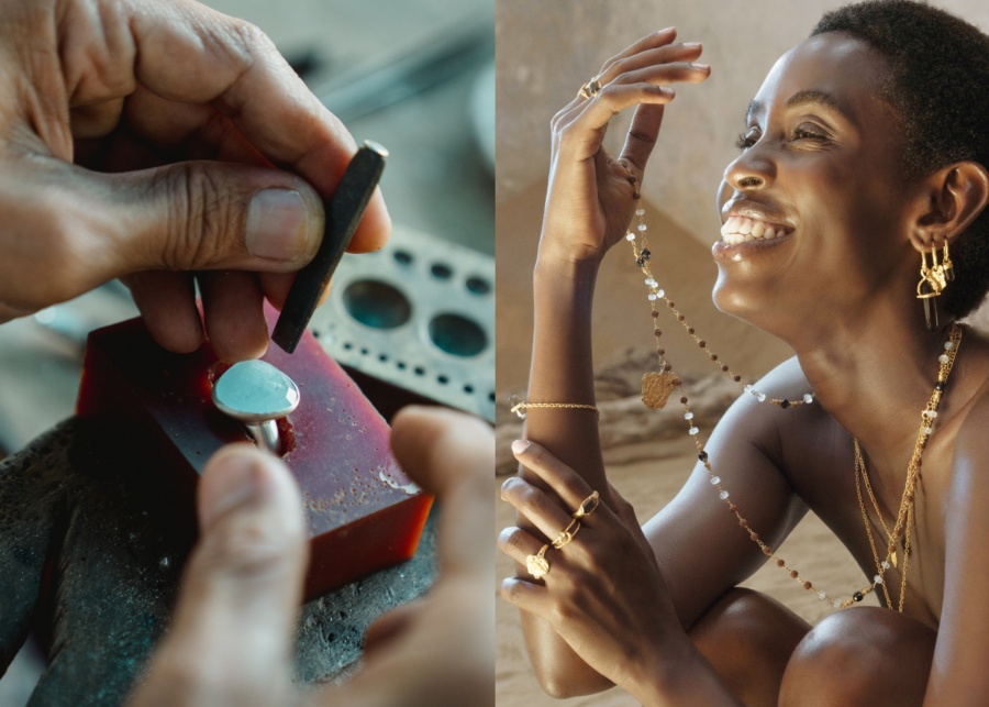 Gemstone ring in the making and a model wearing the finished jewellery by Ananda Soul - a fashion brand made in Bali, with stores in Ubud, Uluwatu and Sanur