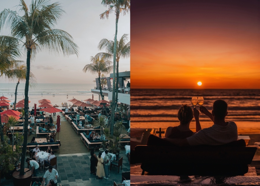 Kudeta beach club view from second floor, and couple sipping cocktails at sunset overlooking the ocean in seminyak, Bali, Indonesia