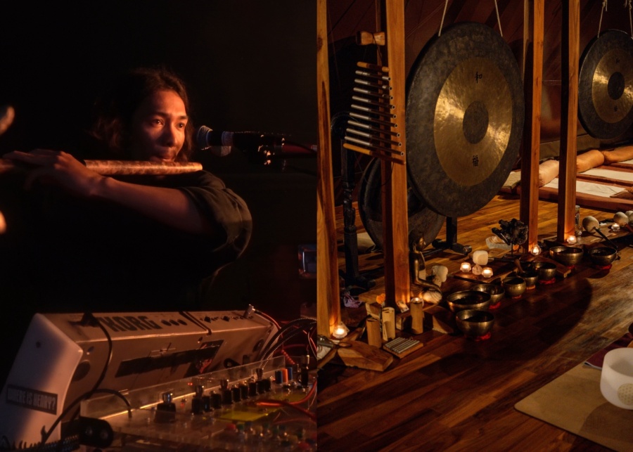 Sound healing at Pyramids of chi in Ubud, Bali, Indonesia - with gongs, flutes and led by a musician