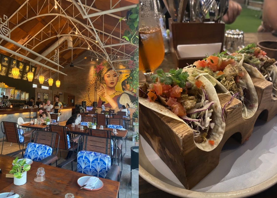 Interior with signature mural and tacos at Shotgun Social restaurant in Sanur, Bali, Indonesia
