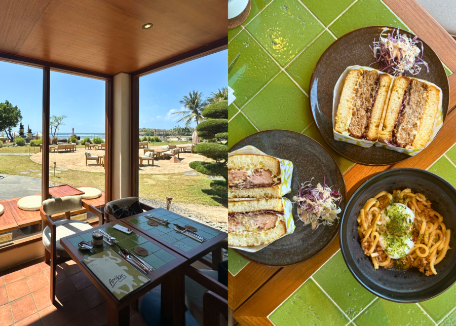 AMIKAN by SIKI in Nusa Dua, a window table looking out to the beachfront garden, with katsu sandos and udon.
