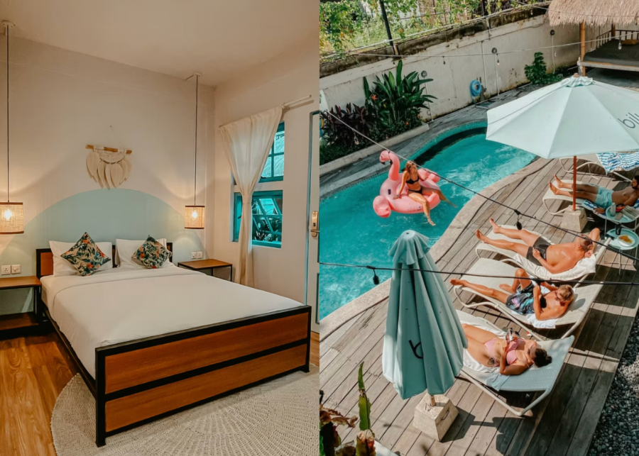 A bedroom with a teal arch headboard at Biliq coliving in Seminyak, Bali, beside guests lounging on sunbeds around the pool.