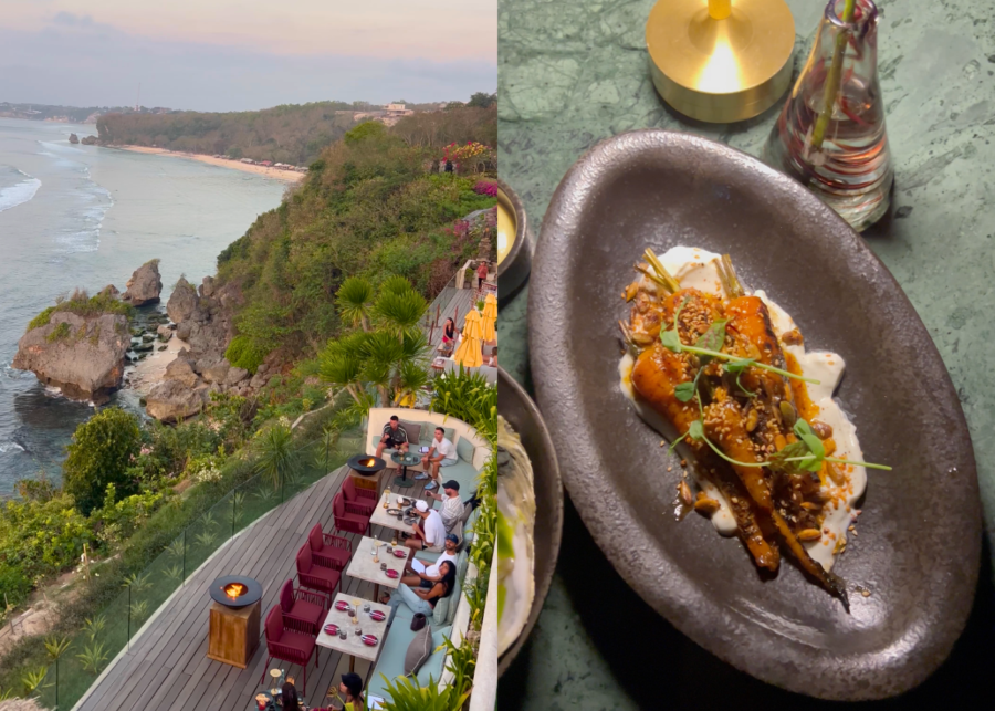 Burnt at Ulu Cliffhouse in Uluwatu, the clifftop terrace with ocean and beach views at dusk, and a plate of glazed carrots with yoghurt and seeds.