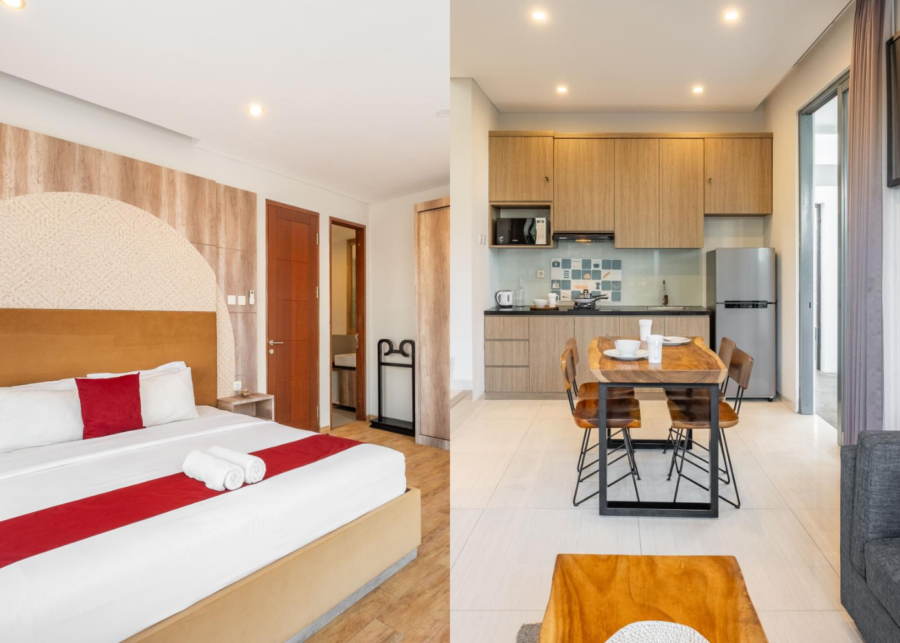 A bedroom and an open-plan kitchen with a wooden dining table at Cove Prana coliving in Jimbaran, Bali.