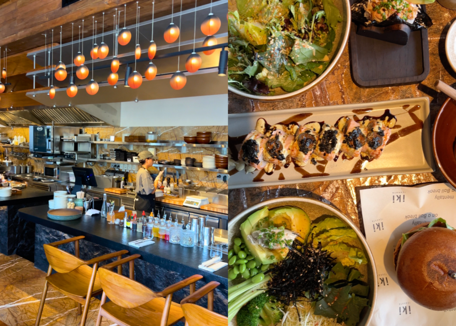IKI Izakaya in Canggu, the open kitchen and bar under a cluster of amber globe lights, with a torched salmon roll, a green salad and a loaded bowl with avocado and edamame.