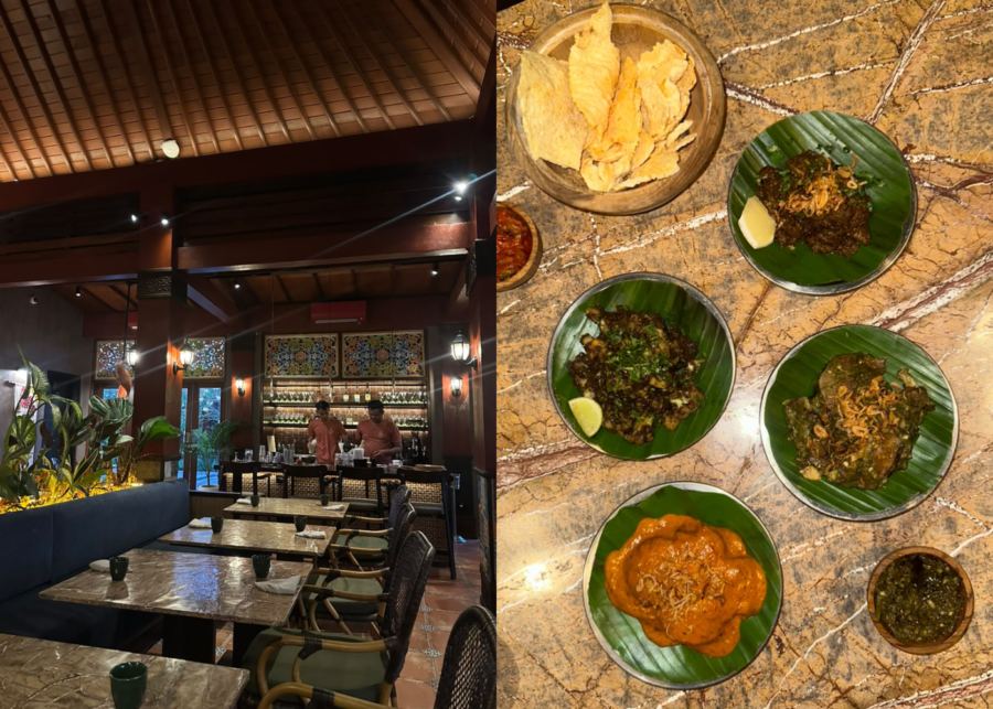 Lamuri in Sanur, the warm rattan-and-terracotta dining room, and a banana-leaf spread of South Indian and Sumatran curries with crackers and sambals.