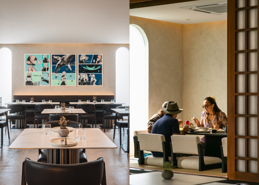 MYKAZA's main dining room with manga-style wall art, beside a couple dining in the private tatami room with sliding doors open.