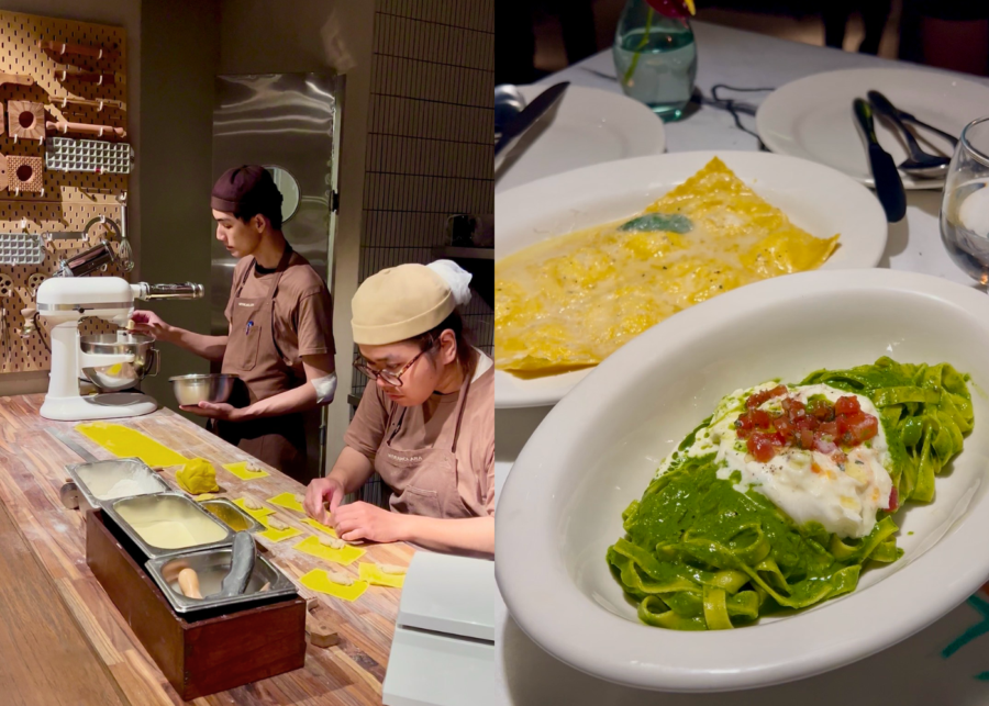 My Dear Clara in Uluwatu, chefs hand-making pasta at the open station, with burrata ravioli and green tagliatelle with burrata.