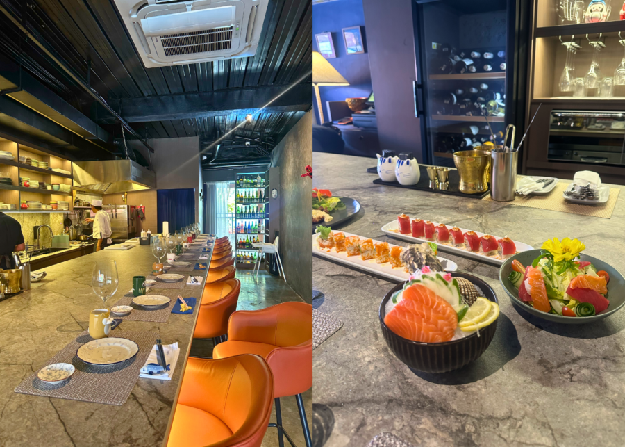 Noku in Sanur, the open kitchen and orange counter seats, with a spread of salmon sashimi, tuna sushi and salad.