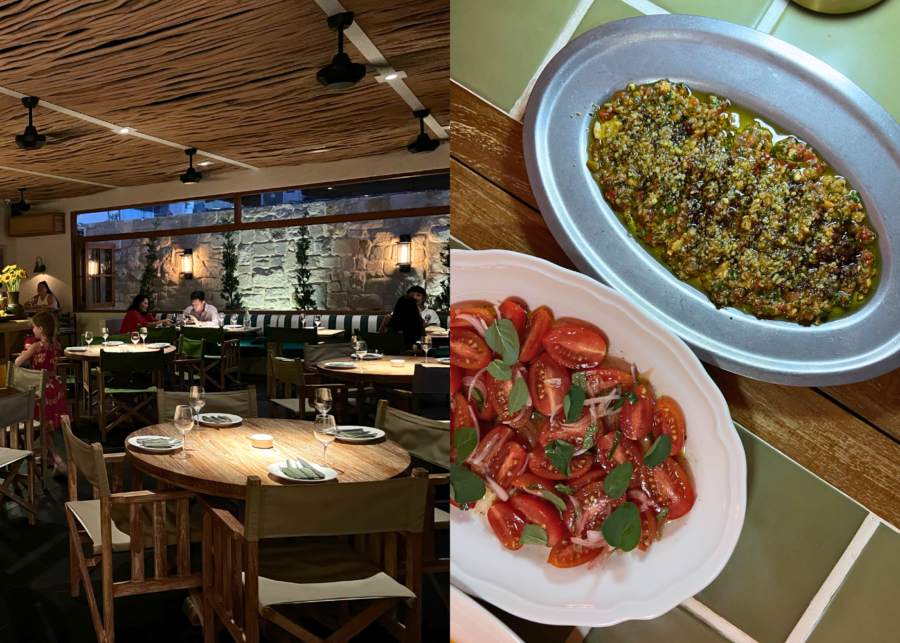 Studio Pepe in Canggu, the warm stone-walled dining room, with shared plates on green tiles.