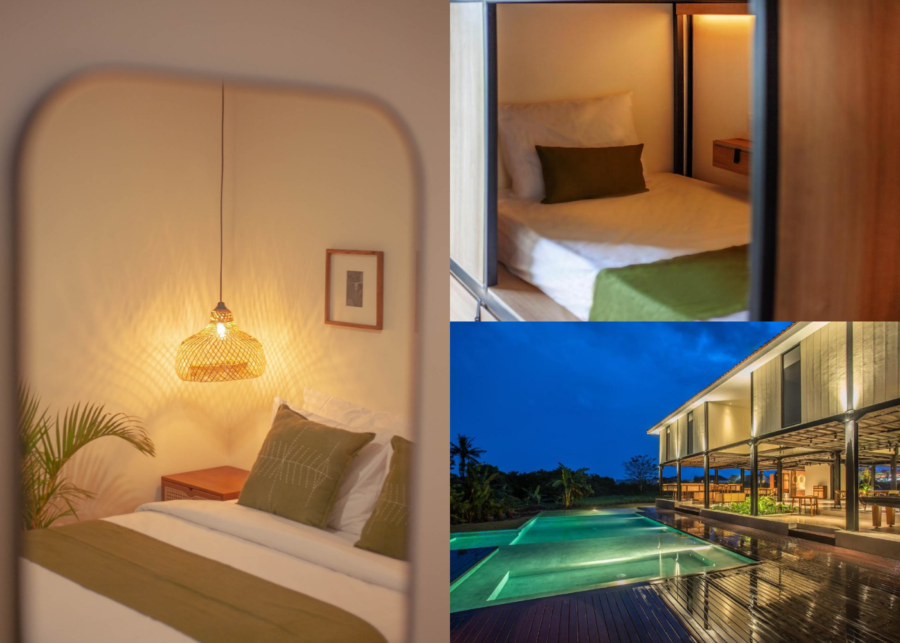 A mirror reflection of a bedroom and a bunk-style bed at Tribal coliving in Pererenan, Bali, beside the infinity pool lit up at night.