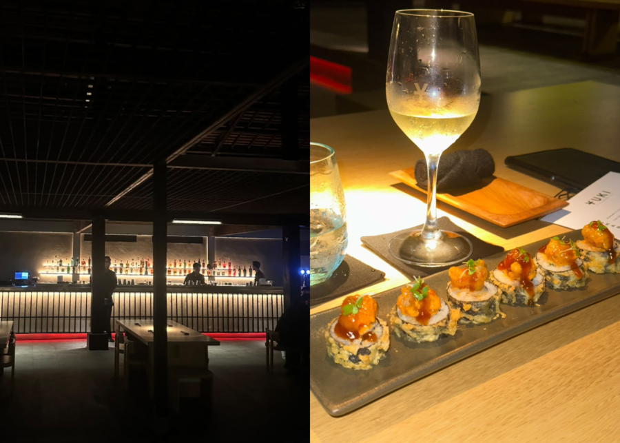 YUKI Ubud, the moody split-level dining room with a glowing backlit bar, and a plate of crispy sushi rolls with a glass of white wine.