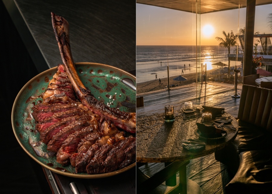 Tomahawk steak grilled to medium rare, and sunset views from SALTLICK restaurant in Seminyak, Bali, Indonesia