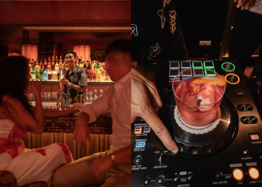 A bartender smiling behind the bar at Pony in Berawa as guests chat, and a pink cocktail with an orange peel resting on a DJ controller.