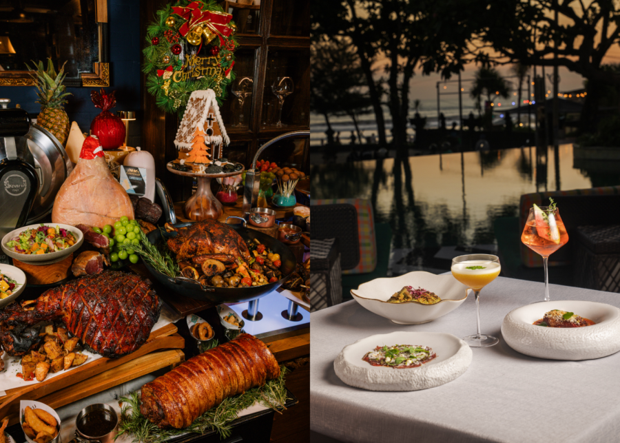 ollage of a Christmas buffet with roasted meats, a gingerbread house and a wreath, and plated dishes with cocktails beside a pool at dusk