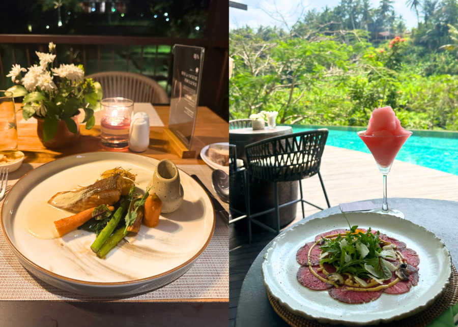 Salmon dinner at Bijan Restaurant, and a frozen drink with beef carpaccio by the pool at Ayung Riverside in Ubud