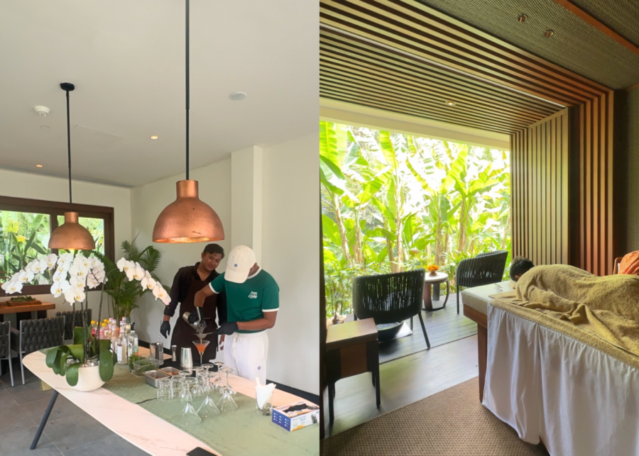 Mixology class with a bartender making a cocktail, and a guest having a spa treatment overlooking banana plants at Impiana Ubud