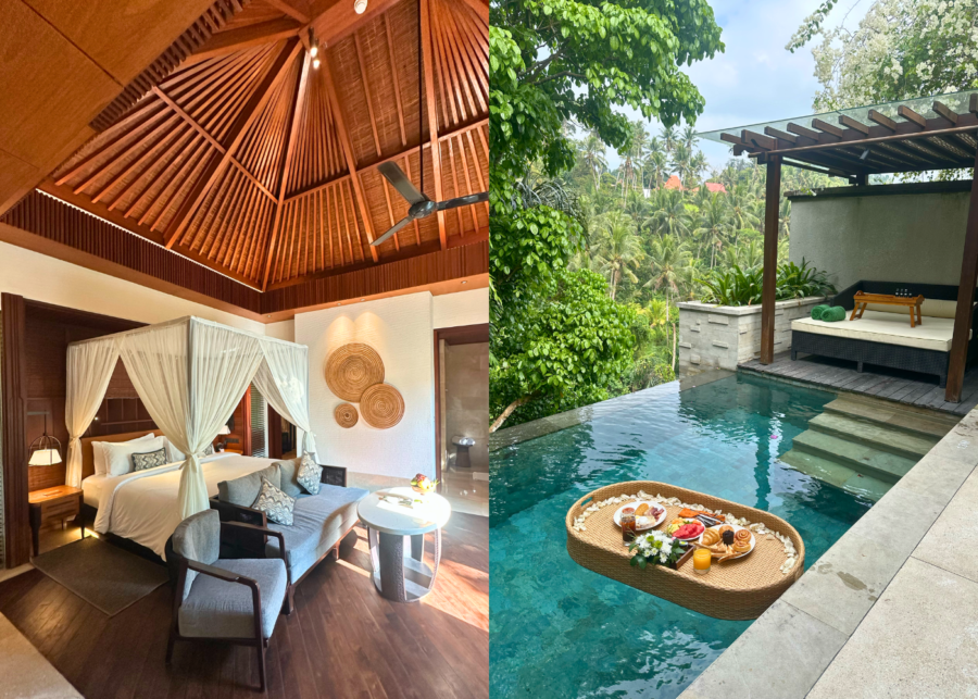 Riverside Pool Villa bedroom with a high timber ceiling and canopy bed, and a floating breakfast in the private pool.