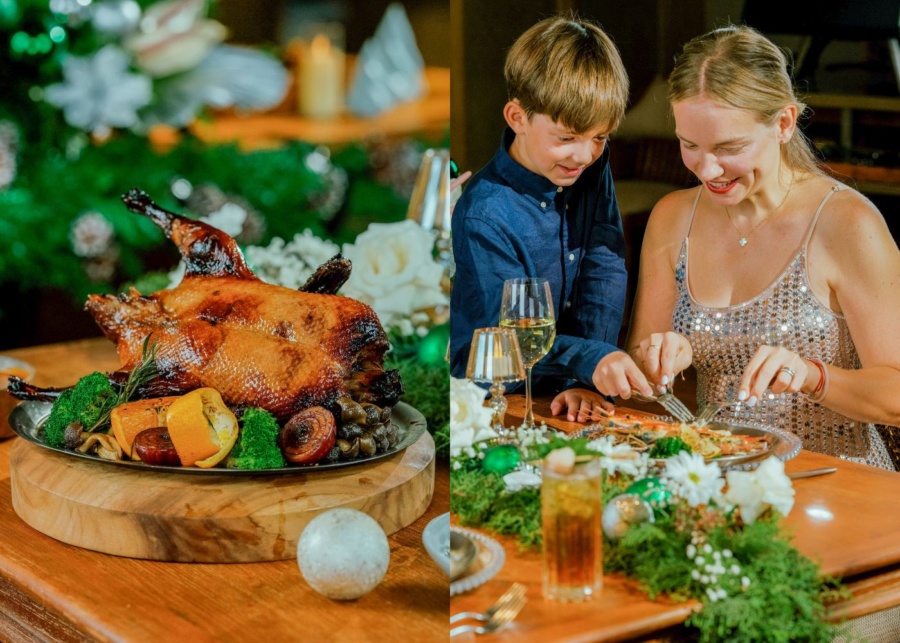 Roast duck and family eating Christmas brunch at Andaz Bali resort in Sanur