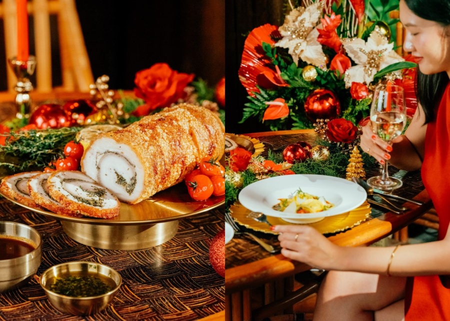 Pork roast and table decor for Christmas dinner at Hyatt Regency Bali in Sanur