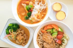 Sample vegan egg tarts and delicious Asian noodle soups at Loving Hut Wan Chai