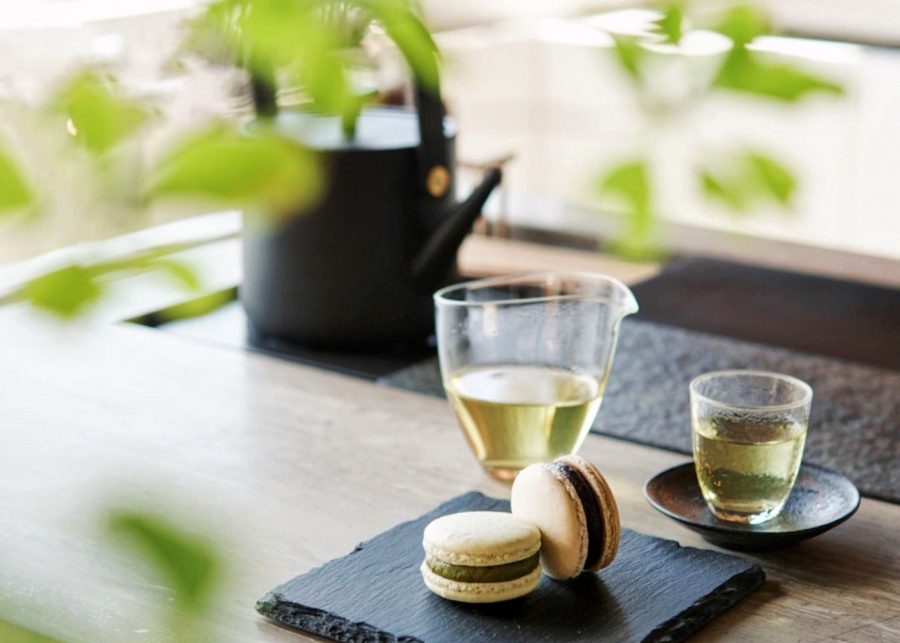 macarons teacup teapot white tea green plants