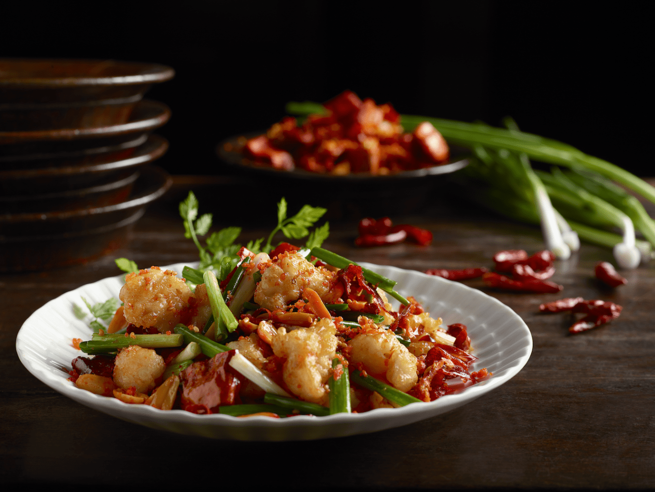 Crispy prawns with chili and spring onions