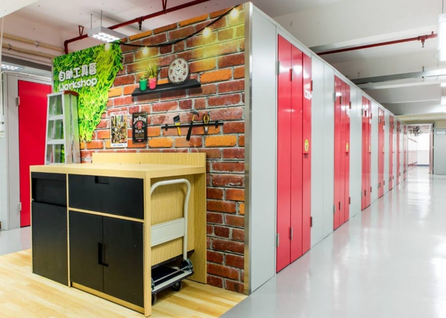 apple storage red lockers pack workshop area