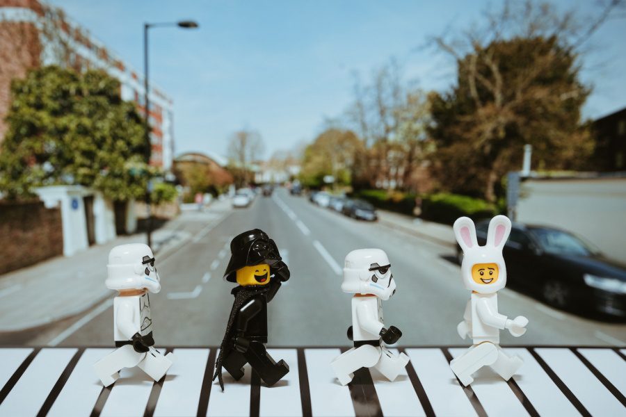 four Star Wars legos mimicking Abbey Road