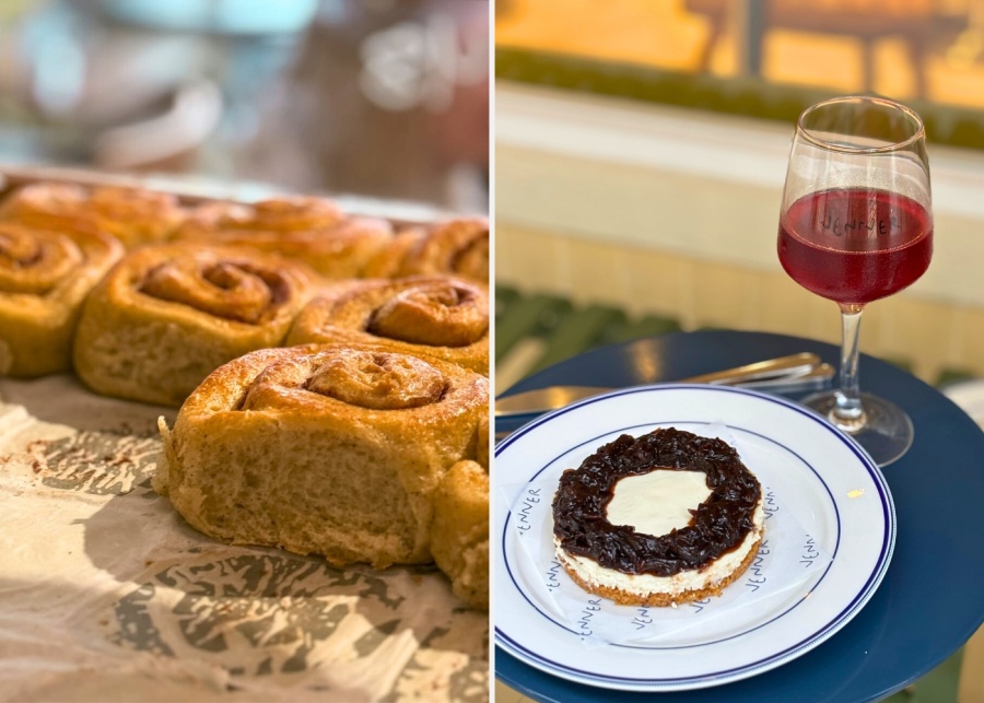 cinnamon and cardamom bun, cheesecake and wine